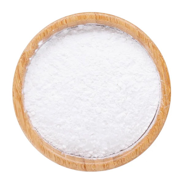 White Rice Flour Powder Wooden Bowl Isolated White Top View — Stock Photo, Image