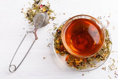 Beyaz masada cam bardakta bitki çayı..