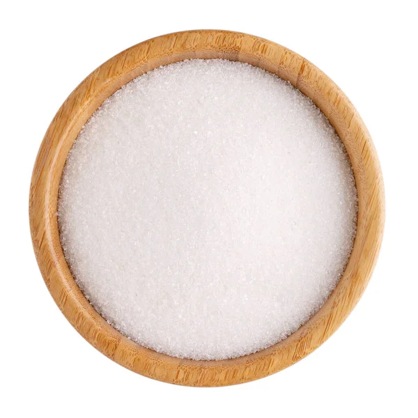 White Refined Sugar Wooden Bowl Isolated White Top View — Stock Photo, Image