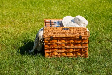 Çayır üzerinde piknik sepeti. Güneşli bir günde yeşil çimlerin üzerinde açık hava yaz pikniği. Parti zamanı.