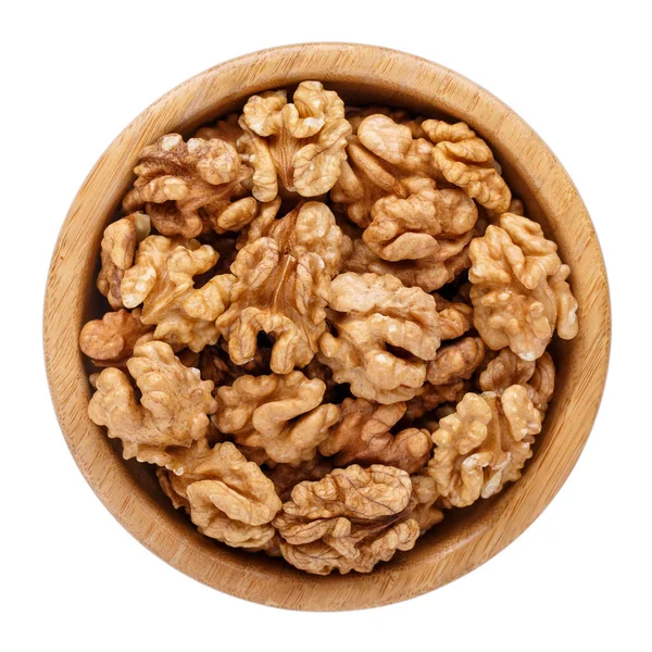 Peeled Walnuts Wooden Bowl Isolated White Top View — Stock Photo, Image