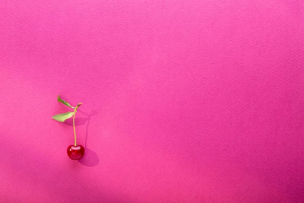 Jednu Třešňovou Jasně Růžovém Pozadí Jídlo Ovoce Letní Zázemí Minimální — Stock fotografie