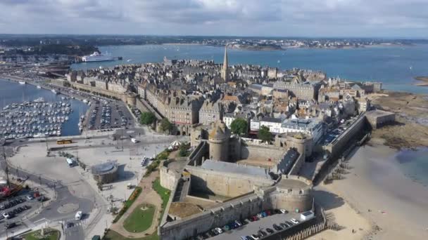 Luchtfoto Van Prachtige Stad Kapers Saint Malo Bretagne Frankrijk — Stockvideo