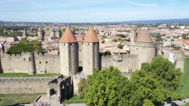 Top Lotu Ptaka Carcassonne Średniowieczne Miasto Twierdza Zamek Góry Sourthern — Wideo stockowe