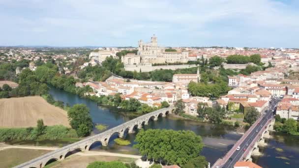 Flygfoto Över Beziers Stad Med Saint Nazaire Cathedral Och Gamla — Stockvideo