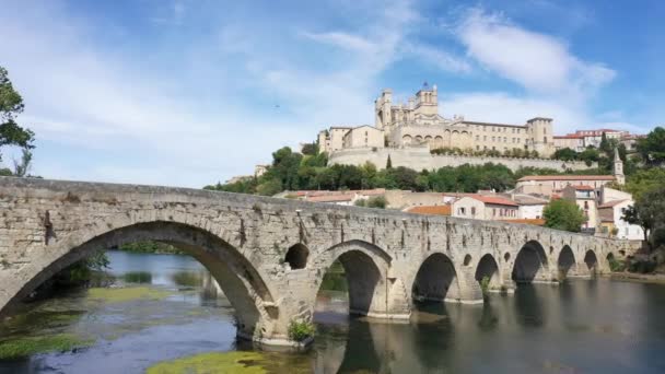 Aerial View Beziers City Saint Nazaire Cathedral Old Bridge — Stock Video