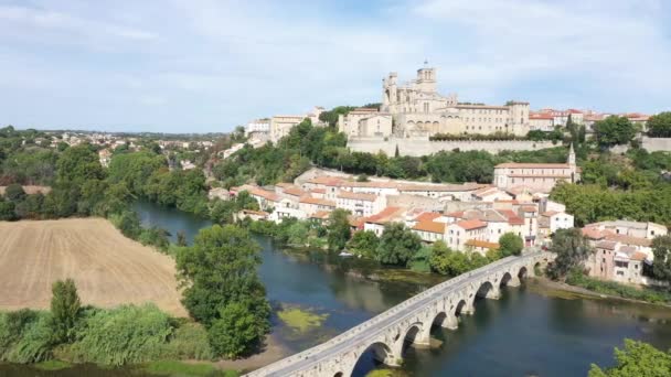 Aerial View Beziers City Saint Nazaire Cathedral Old Bridge — Stock Video