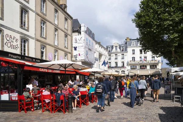 Rue Piétonne Dans Vieux Saint Malo Avec Restaurants Cafés — Photo