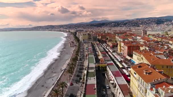 Nice Frankrike Flygfoto Över Bukten Och Strandpromenaden Anglais Cote Azur — Stockvideo