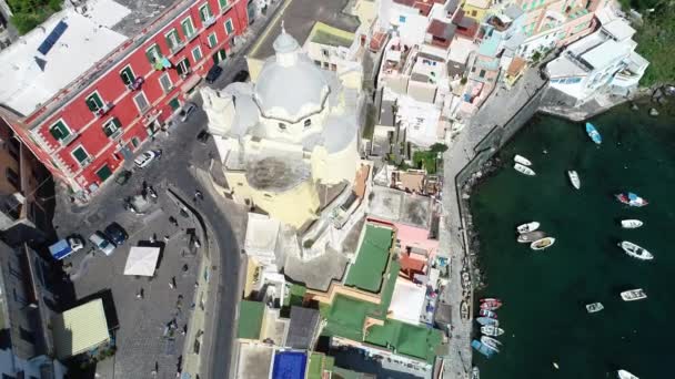 Vista Aérea Del Pueblo Pescadores Corriccella Procida Isla Del Golfo — Vídeo de stock