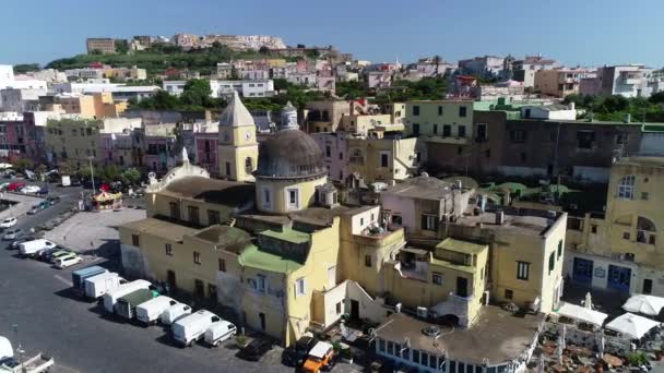 Luftaufnahme Des Fischerdorfes Corriccella Procida Insel Des Golfs Von Neapel — Stockvideo