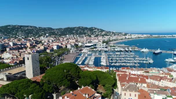 Cannes Aerial View Suquet Old Town Cannes Harbor — Stock Video