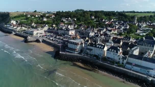 Flygfoto Över Arromanches Les Bains Normandie Frankrike Mulberry Harbour Från — Stockvideo
