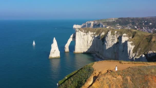 Francia Normandia Veduta Aerea Della Falesia Etretat Aval Rocce Arco — Video Stock