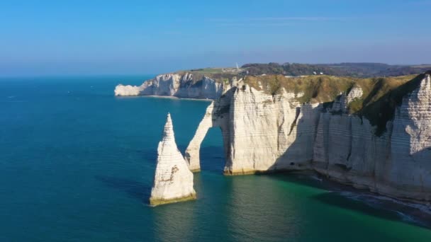 Perancis Normandia Pemandangan Udara Dari Tebing Etretat Aval Bebatuan Dan — Stok Video