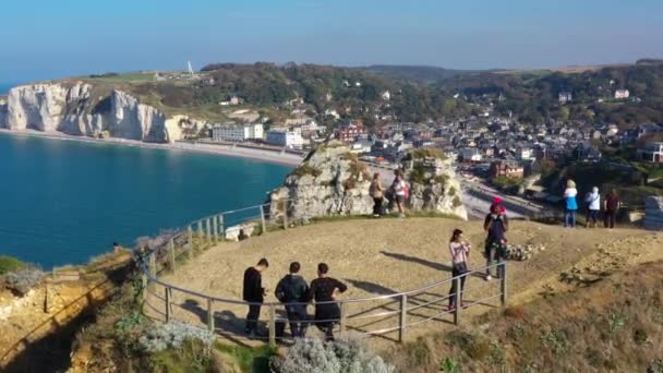 Frankrike Normandie Flygfoto Etretat Aval Klippa Stenar Och Naturliga Båge — Stockvideo