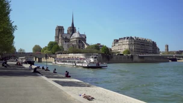 Seine Floden Och Kryssningsfartyg Paris Med Notre Dame Katedralen Bakgrunden — Stockvideo