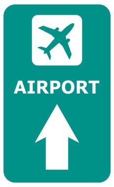 Havaalanı rehber yol tabelası. Yeşil zemin üzerinde ok olan bir uçak simgesi. Havacılık sembolü.