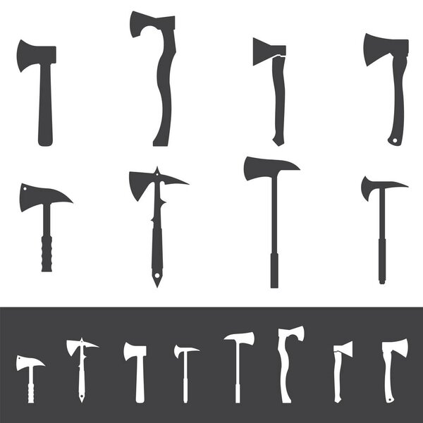 Set of various axe silhouettes. Collection of vector hatchet icons.