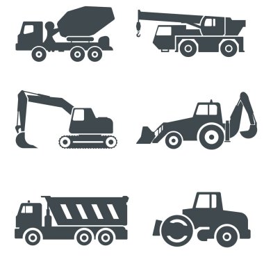 Ağır ekipman. İnşaat makineleri vektör simgeleri ayarlandı. Beton karıştırıcı, teleskopik vinç, kazıcı, kepçe kazıcı, çöp kamyonu ve sıkıştırıcı..