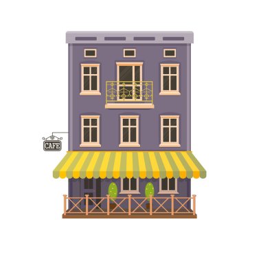 Şirin renkli kafe binası, çadırı, balkonu ve terası olan 3 katlı. Perakende satış mağazası, butik dükkanı ya da restoran olarak kullanılabilir. Klasik stil.
