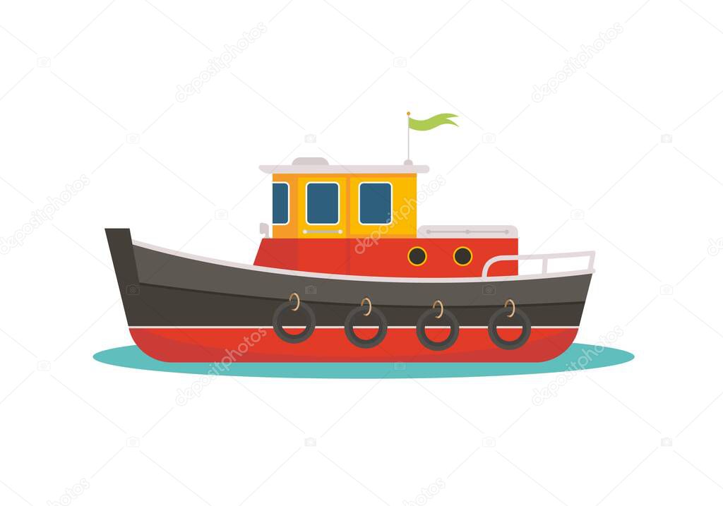 Colorful tugboat vector flat illustration.