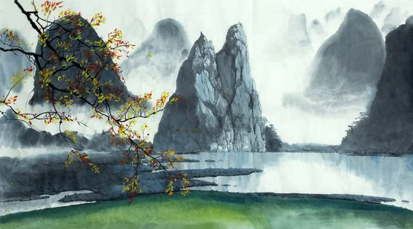 Montagnes chinoises, brouillard, lac — Photo