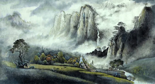 Chinese landscape mist waterfall and mountains