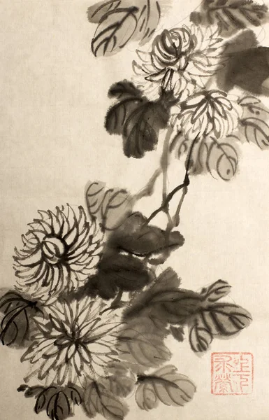 Flores de crisântemo pintadas em estilo chinês — Fotografia de Stock