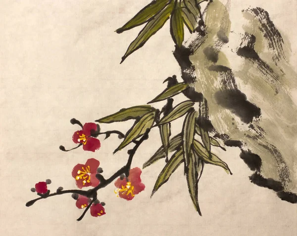 plum and bamboo leaves branch