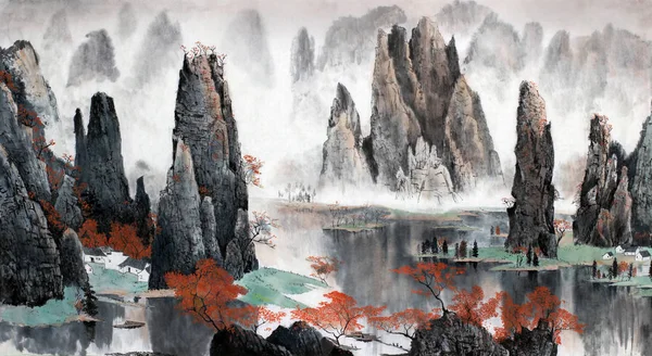 中国山水画的山和水 — 图库照片