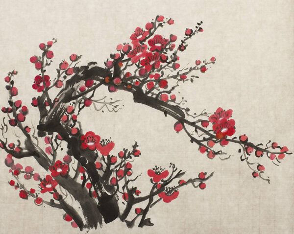 ярко-красная сливовая ветвь
