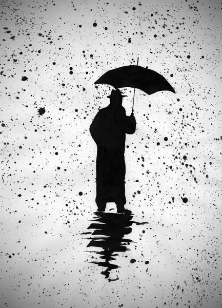 Un hombre con un paraguas bajo la lluvia — Foto de Stock