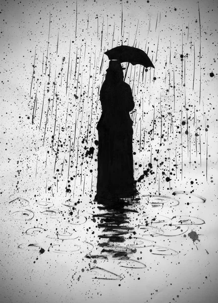 Femme sous la pluie sous un parapluie — Photo