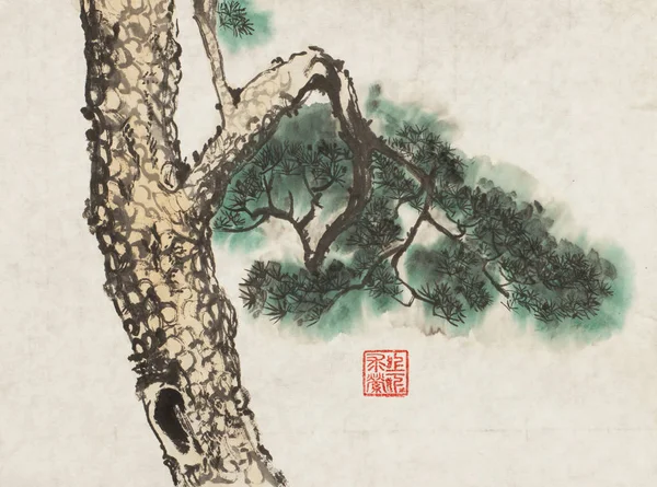 墨迹绘图的一棵松树 — 图库照片