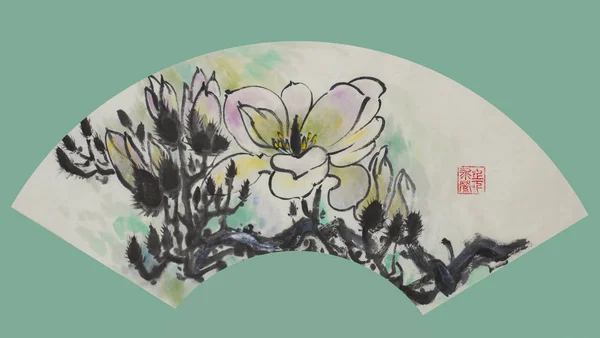 Kinesiska fläkt med magnolia blomma — Stockfoto