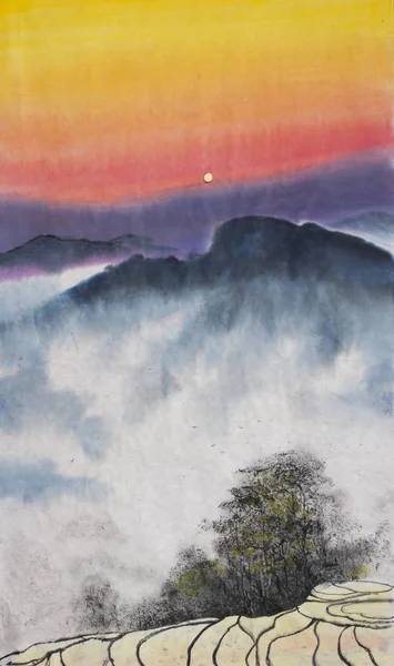 Západ slunce horami a rýžovými poli — Stock fotografie