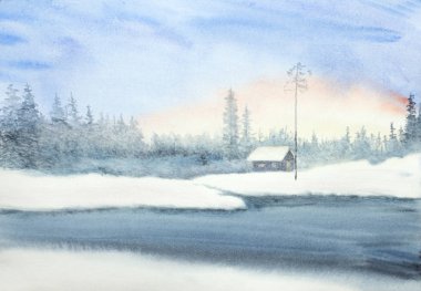 Bir kulübe ile kış manzarası