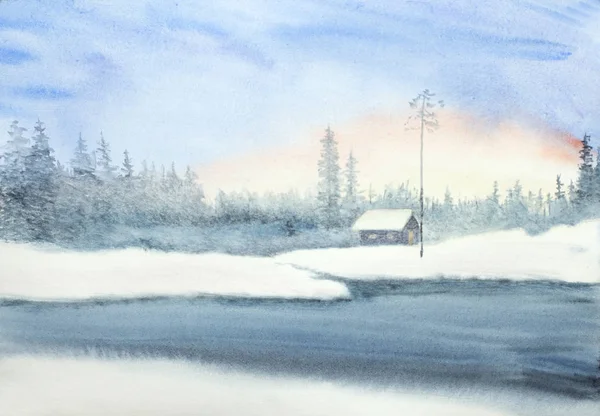 Winterlandschap met een hut — Stockfoto