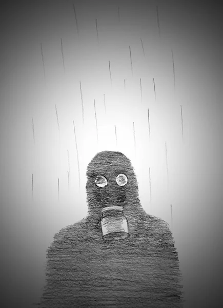 Uomo Maschera Antigas Sotto Pioggia — Foto Stock