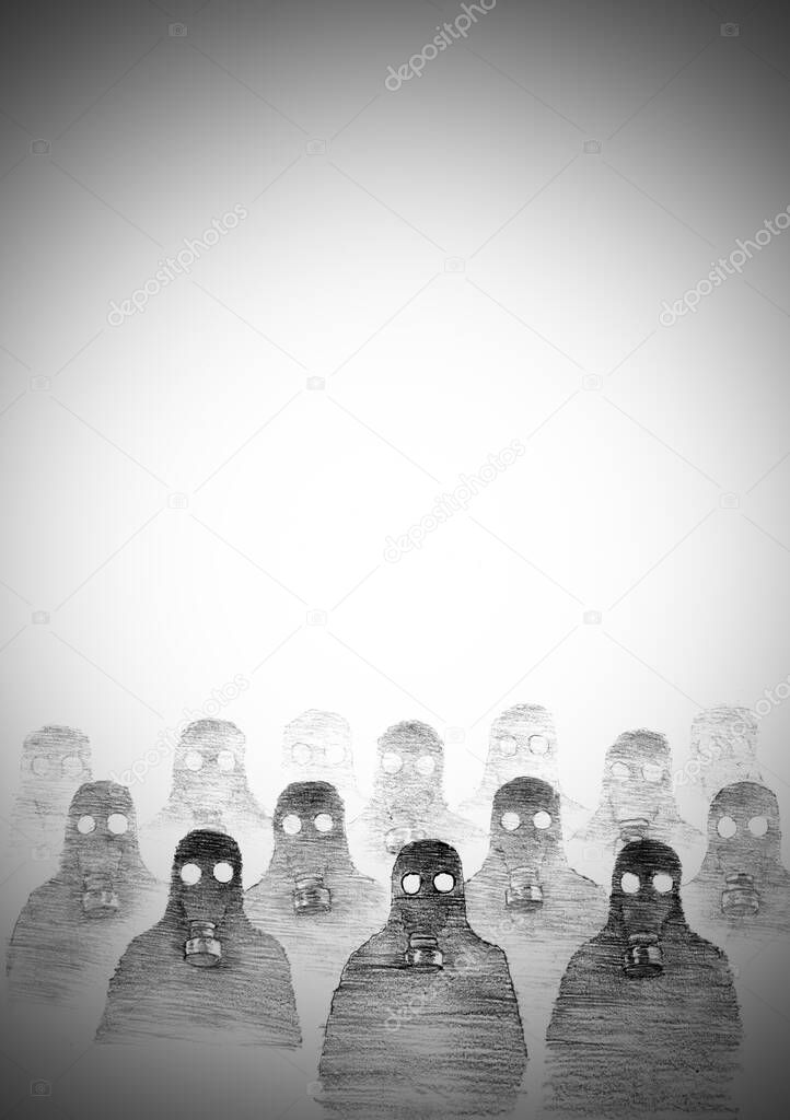 people in gas masks in the fog