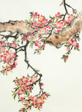 Arkaplanda çiçek açan şeftalinin dalı