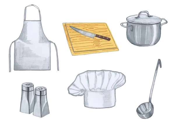 Conjunto de artículos de cocina, estilo marcador —  Fotos de Stock