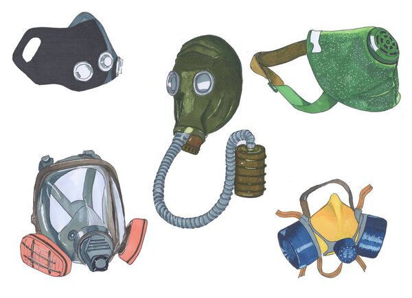 Set of respiratory protective equipment, marker style. Handmade elements. A set of such types of protection against dust, viruses and contaminants as a respirator, gas mask, face mask and more