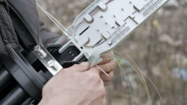 Telecommunications engineer working with optical coupling — Stock Footage Telecommunications engineer working with optical coupling Stock Video