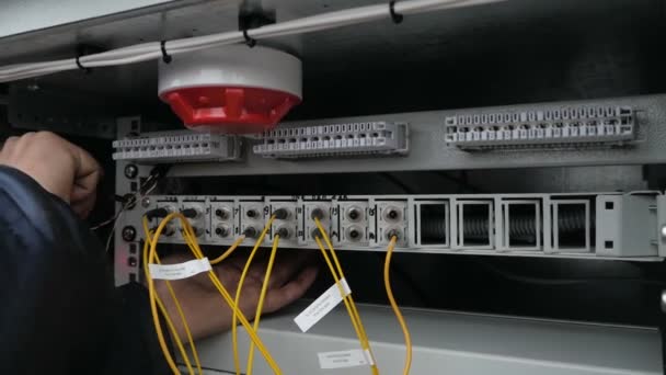 Cierre de fibra óptica en la sala de servidores . — Vídeo de stock