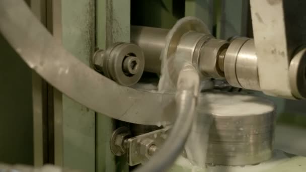 Motion of drilling machine. Drilling steel and water cooling part in industrial construction factory. — Stock Footage Motion of drilling machine. Drilling steel and water cooling part in industrial construction factory. Royalty Free Stock Footage