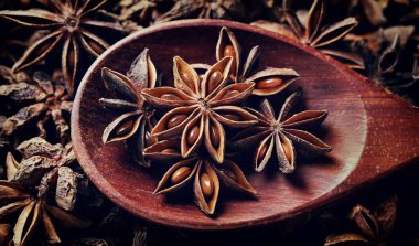 Star anise, dark food photo, spice, flavor, seasoning, wooden sp