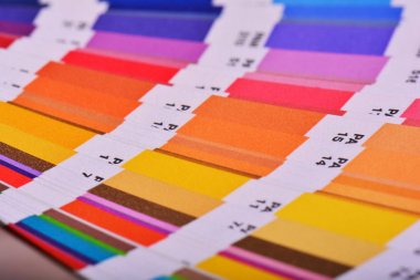 Renk paleti Pantone Kılavuzu kapatın. Renkli renk örneği kataloğu