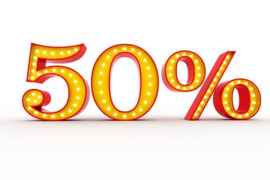 Yüzde elli Broadway tarzı ampul alfabe 3d render beyaz arka plan üzerinde